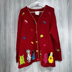 The Quacker Factory Pullover rot bestickt Hunde Welpen Strickjacke Pulli Vintage M - Bild 1 von 8