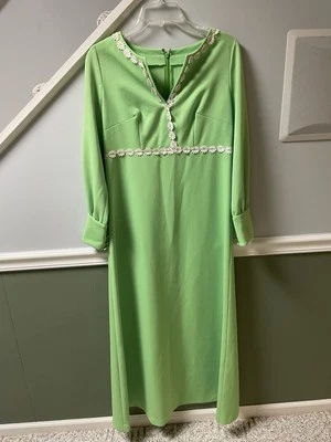 Vestido retro vintage años 60 hecho a mano verde con flores blancas hecho a mano ÚNICO talla S/M Foto 1 de 4