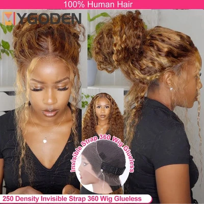 Peluca sin pegamento de encaje completo con correa Invisi de onda profunda 360 peluca de cabello humano rizado resaltar Foto 1 de 4