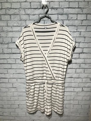 Splendid, XL, White/Black Striped Knit Short Sleeve Romper, Stretch, Pockets - Image 1 of 4