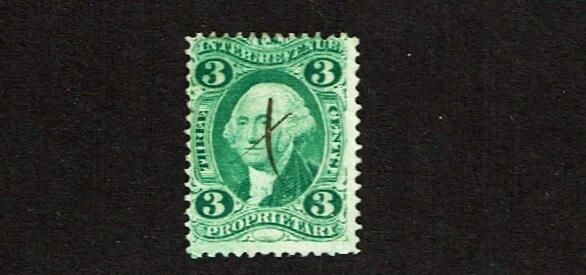 1862-71 Revenue First Issue  3c Grn  Wash. PROPRIETARY  Sc#R18c Pen Cancel Wow! - Image 1 of 1