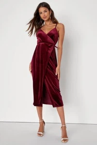 Lulu's NWT Burgundy Velvet Surplice Wrap Midi Dress - Size Medium - Picture 1 of 3