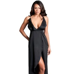 Black Wrap Gown Plunging Neckline Ruffled Flyaway Slit Length Maxi 1758 1X/2X - Picture 1 of 5