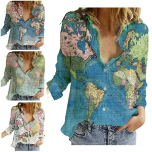 Womens World Map V Neck Tops Ladies Long Sleeve Buttons T Shirt Blouse Plus Size - Picture 1 of 16
