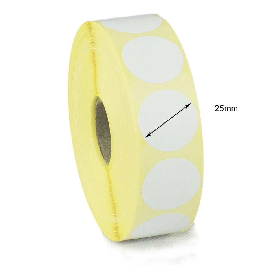 LABEL METRICS 25mm Diameter Circle, Direct Thermal Labels, Permanent adhesive. 25mm Core / 1K