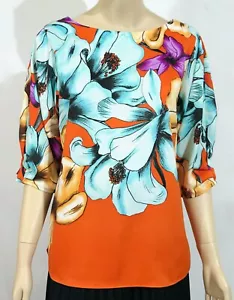 Camicia top nuova con etichette Chicos taglia 1 collo a pieghe blu tropicale arancione manica a pieghe - Foto 1 di 5