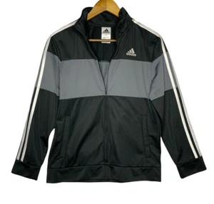 Adidas Boys Track Jacket 14/16 Black Gray White Stripes Full Zipper Pockets  - Picture 1 of 5