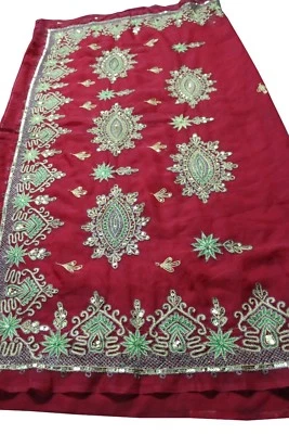 INDIO PAKISTANÍ COLOR ROJO VINTAGE HILO DE GEORGETTE, SARI DE TRABAJO DE LENTEJUELAS 5,50 YARDAS Foto 1 de 4
