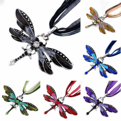 Damen Vintage Halskette Libelle Anhänger Strass Dragonfly Modeschmuck Geschen - Bild 1 von 2
