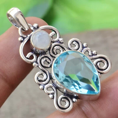 Pendente Fatto A Mano In Argento Sterling 925 Con Topazio Blu E Pietra Di Luna - Immagine 1 di 4