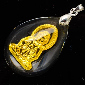 24K Yellow Gold .999 Teardrop Auspicious Kwan Yin Crystal Pendant 1 1/2" Jewelry - Picture 1 of 2