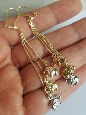 14k yellow white rose gold elephants good luck long drop dangle earrings - Image 1 of 4
