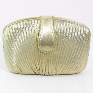 RADIANT LA REGALE RUCHED GOLD LAME POLYESTER MINIAUDIERE HANDBAG WITH STRAP - Picture 1 of 8