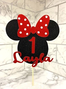 Personalisierter Geburtstag Glitzer Kuchen Topper maßgeschneiderte Dekoration Minnie Maus Disney - Bild 1 von 1