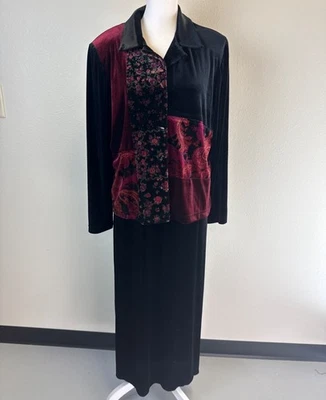 复古 Inspired 黑色和勃艮第天鹅绒拼布长袖长裙 Whimsigoth — 第 1/4 张图片