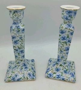 Two's Company 2 porcelain blue white green Flowers Pillar Candle Holder gold 8" - Picture 1 of 4