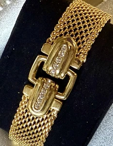 SIGNED JOAN RIVERS GOLDTONE MESH CRYSTAL SNAP BUCKLE CLASP BRACELET CJ-M-7 - Picture 1 of 4