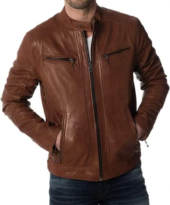 Chaqueta de Motociclista Hombres Cuero Real Suave Piel de Cordero Elegante Motocicleta Chaqueta Causal Tostada - Imagen 1 de 7