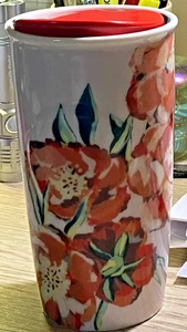 Starbucks 2015 Keramik Travel Mug Tumbler rot Blumen Blumen 10 oz mit Deckel - Bild 1 von 7