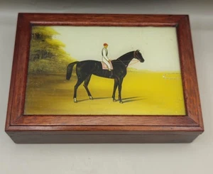 Vintage Stubbs Style Equestrian Painted Glass Top Wooden Trinket Jewelry Box - Picture 1 of 11
