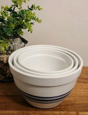 3 cuencos mezcladores de alta resistencia con caja y barril rayas blancas azules de cerámica usados en excelente estado Foto 1 de 4