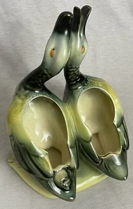 VINTAGE HALL USA 95 POTTERY DUCK COUPLE GREEN PLANTER TWO DUCKS, 1960’s - Picture 1 of 9