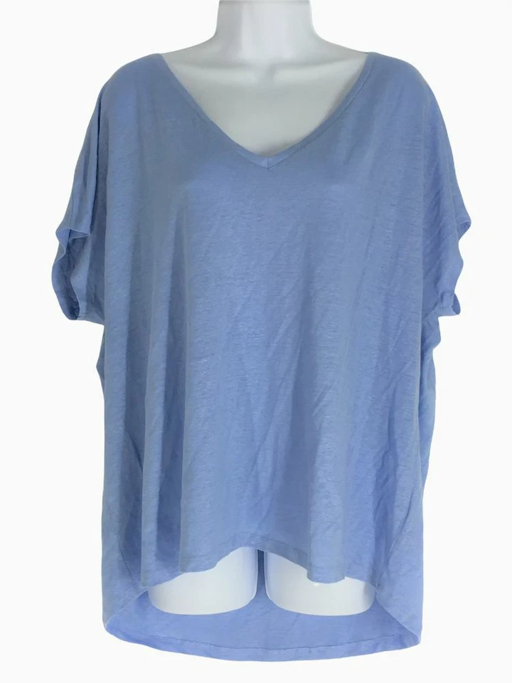 $100 Majestic Paris Women's Blue V-Neck Short-Sleeve Relaxed Fit Shirt Size 5 - Image 1 of 1