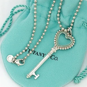 Tiffany & Co. Collar Grande Corazón Llave Esmalte Azul 20" Plata 925 Auténtico con Bolsa - Imagen 1 de 9