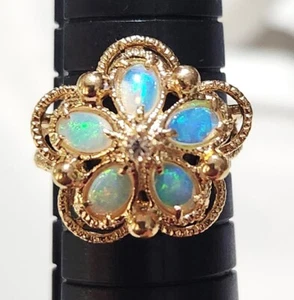 Stunning 10K Gold Opal Diamond Flower Cluster Sz 7 Cocktail Ring 4.5 gr - Picture 1 of 18