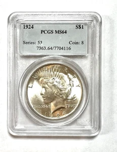 1924 SILVER PEACE $1 DOLLAR, PHILADELPHIA, PCGS MS64, SERIES 53 COIN 8 - Picture 1 of 2
