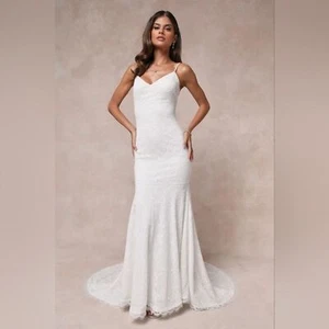 Lulu's Flawless Extravagance White Lace Trumpet Hem Maxi Dress XS Wedding Bride - Picture 1 of 12