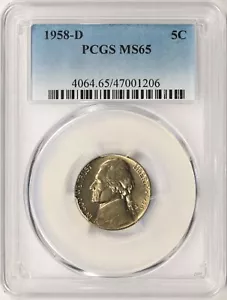 Jefferson Nickel 1958-D 5c graduación profesional MS65 - Imagen 1 de 4