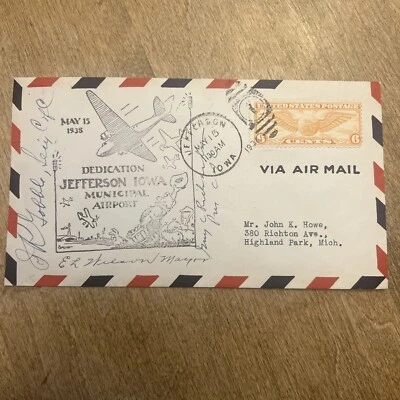 1938 Postal cover Jefferson Iowa Airport Dedication Autographed Iowa To Michigan - Image 1 of 4