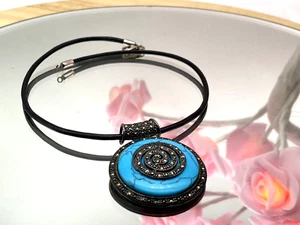 Vintage Silver Necklace Turquoise Marcasite Stones 925 Leather Strap 24.70g - Picture 1 of 13