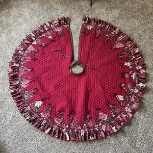 Handmade Quilted Christmas Tree Skirt 50” Wide Holiday Poinsettias Maroon/Pink - Picture 1 of 13