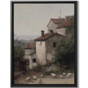 Rustic Farmyard Oil Painting Canvas Village Scene Framed Wall Art Country Decor - Picture 1 of 9