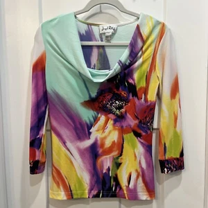 JOSEPH RIBKOFF Blouse Women’s Size 2 Top Long Sleeve Drape Neckline Thin Flowers - Picture 1 of 7