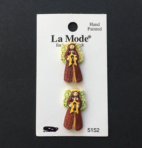 2x Vintage La Mode Buttons Christmas Angel Star Leslie Beck Hand Painted #5152 - Picture 1 of 4