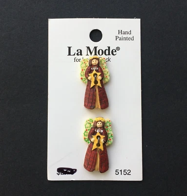 2x Vintage La Mode Buttons Christmas Angel Star Leslie Beck Hand Painted #5152 - Image 1 of 4