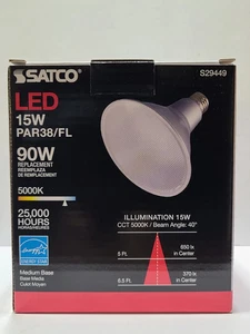 SATCO S29449 15W PAR38 LED 5000K 40° ANGLE MEDIUM BASE 120V CLEAR  90W Bulb - Picture 1 of 2