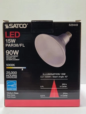 SATCO S29449 15W PAR38 LED 5000K 40° ANGLE MEDIUM BASE 120V CLEAR  90W Bulb - Image 1 of 2