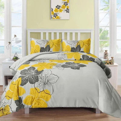 Floral Duvet Cover Set Queen Yellow Floral Pattern Comforter Cover Elegant Flowe - Image 1 of 4