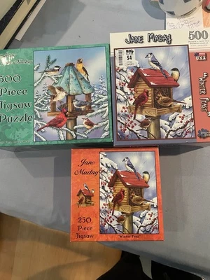 Paquete de rompecabezas Jane Maday Winter Birdhouse - arte cardinal y azul jay - sellado Foto 1 de 4