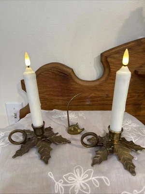 Vtg Holly Leaf 2 Solid Brass Candlestick Taper Candle Holder And Christmas Mouse - Image 1 of 4