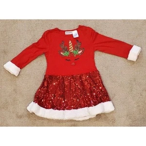 Red Embroidered Reindeer Unicorn Dress Red Sequins Size 6/6X Blueberi Boulevard - Picture 1 of 11