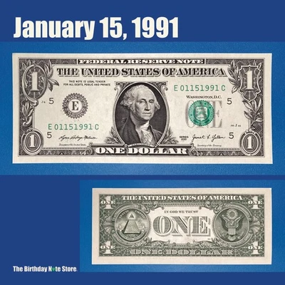 January 15, 1991 Birthday Anniversary $1 One Dollar Bill Serial Number 01151991 - Image 1 of 2