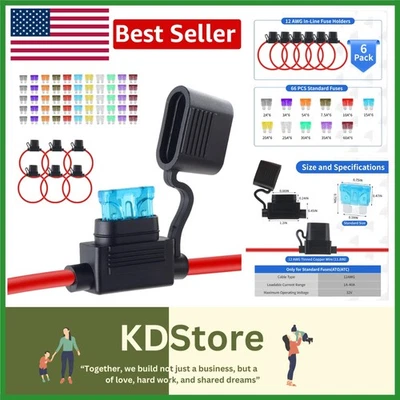 Pacote com 6 suportes de fusíveis em linha à prova d'água 12V com 66 fusíveis de carro padrão para carro... - Imagem 1 de 4