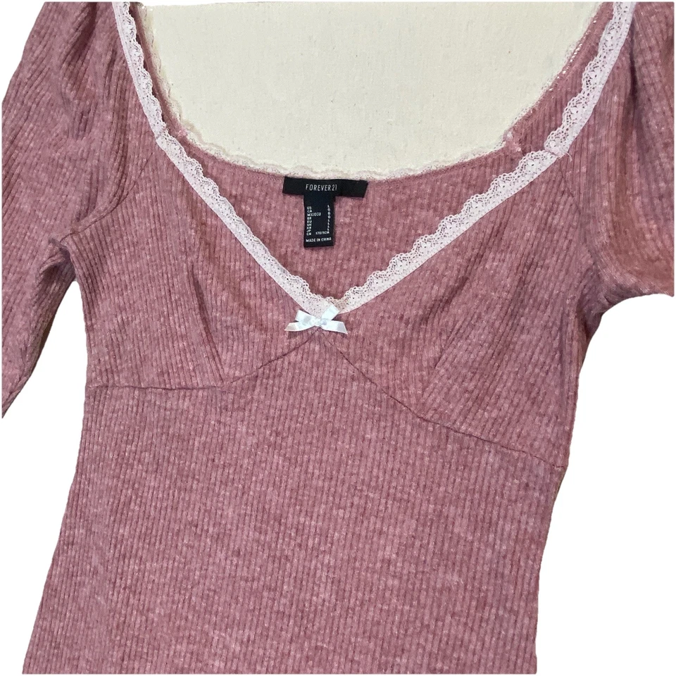 Forever 21 Dress Womens L Pink Ribbed Sweater Baby Doll Lace Trim Boho Festival - Image 1 of 4