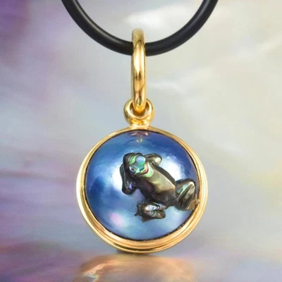 Paua Abalone Shell Mabe Pearl Frog Pendant Gold Vermeil Sterling Silver 3.65g - Image 1 of 4