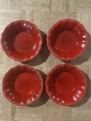 "Cuencos de cereal sopa de granja con borde festoneado rojo Pioneer Woman Paige 8,25"" 4 piezas" Foto 1 de 4